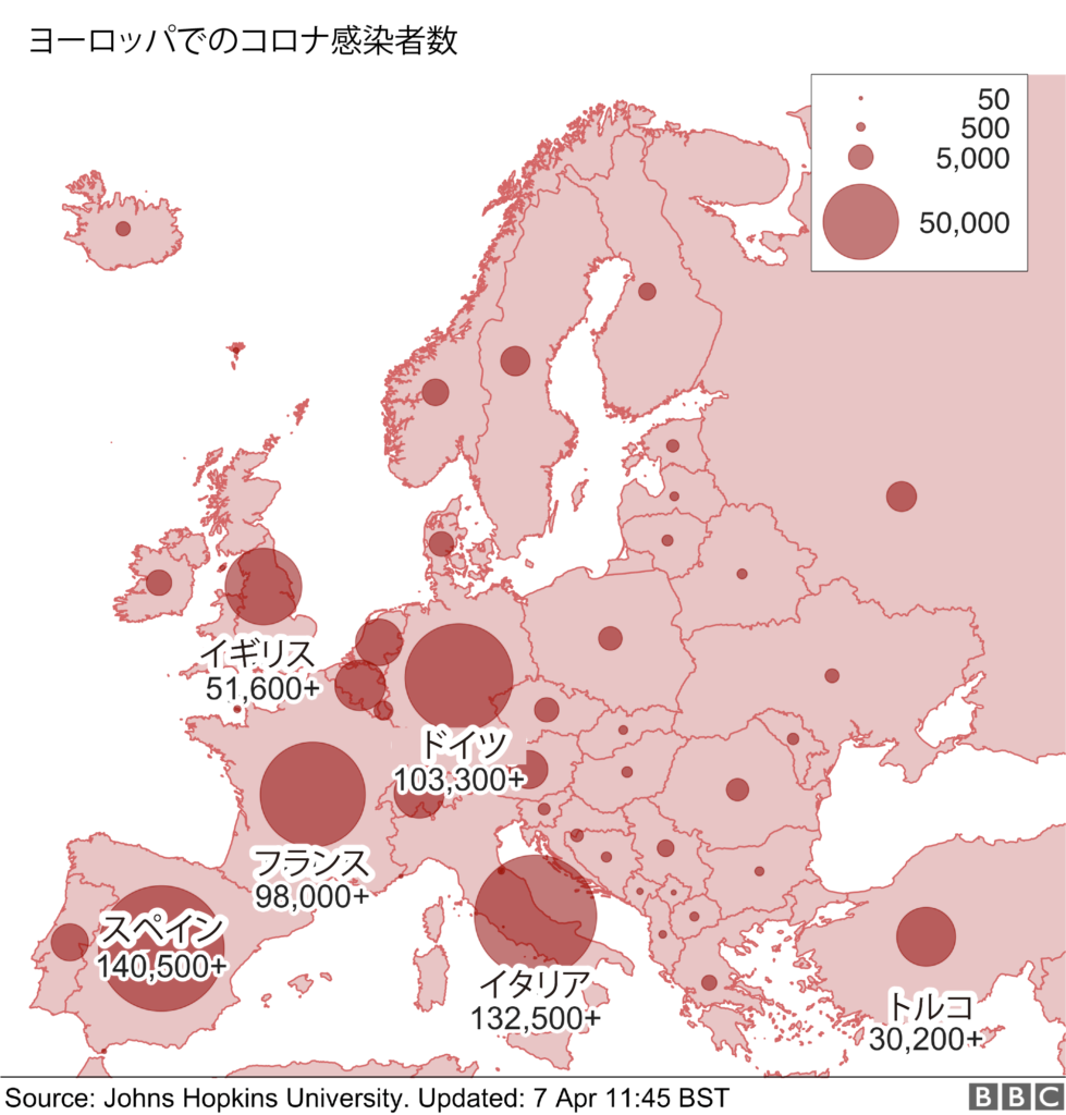ヨーロッパの国々におけるコロナウイルスの症例数を示す地図。 スペインは、最も確認された症例で国としてイタリアを追い抜いています